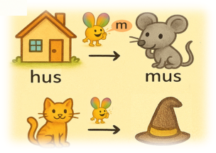 Visuella exempel: hus blir mus, katt blir hatt.