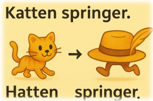 En tecknad katt blir en tecknad hatt. Texten ändras från 'Katten springer' till 'Hatten springer'.