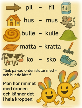 Visuella exempel på rimord som pil och fil, hus och mus, bulle och kulle.