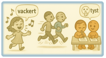Illustrationer av exempel: en flicka som sjunger, två personer som springer och två som arbetar tyst.