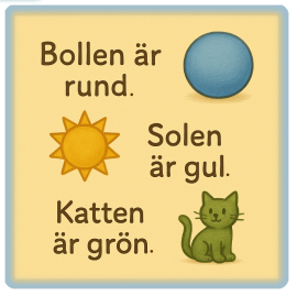 Ruta med exempel: Bollen är rund, Solen är gul, Katten är grön.