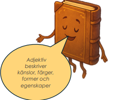 En tecknad bok som säger 'Adjektiv beskriver känslor, färger, former och egenskaper'.