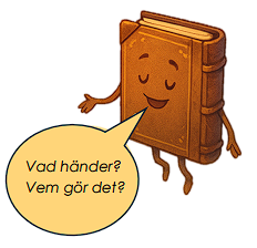 En tecknad brun bok med ett leende ansikte, armar och ben. En pratbubbla kommer från boken och säger 'Vad händer? Vem gör det?'