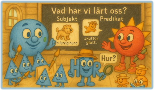 Illustration av grammatikfigurer som visar subjekt och predikat i ett klassrum.