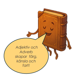 En tecknad bok som säger 'Adjektiv och Adverb skapar färg, känsla och fart!'