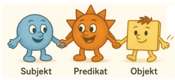 Illustration: Subjekt, Predikat, Objekt håller händer.