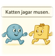 Exempel: Illustration av en katt som jagar en mus med texten 'Katten jagar musen.'