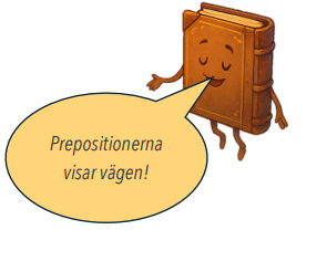 Tecknad bok som säger 'Prepositionerna visar vägen!'
