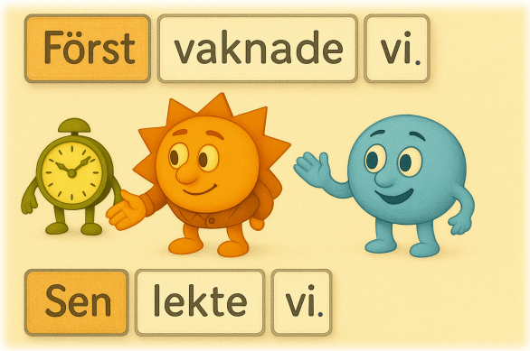 Exempel på omvänd ordföljd med orden 'Först vaknade vi' och 'Sen lekte vi' tillsammans med tecknade figurer.