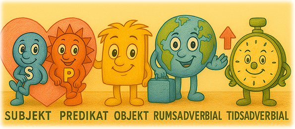 Tecknade karaktärer för Subjekt, Predikat, Objekt, Rumsadverbial och Tidsadverbial.