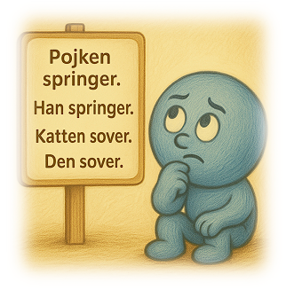 En tecknad figur tittar på en skylt med exempelmeningar.