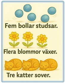 Bildexempel på plural: Fem bollar studsar, Flera blommor växer, Tre katter sover.