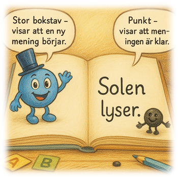 Illustration i bok som visar stor bokstav och punkt